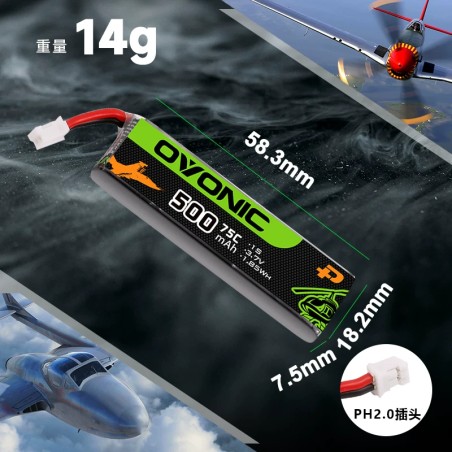 Batería Ovonic 500mAh 1S 3.7V 75C con conector JR