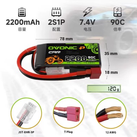 Batería Ovonic 2200mAh 2S 7.4V 90C XT60